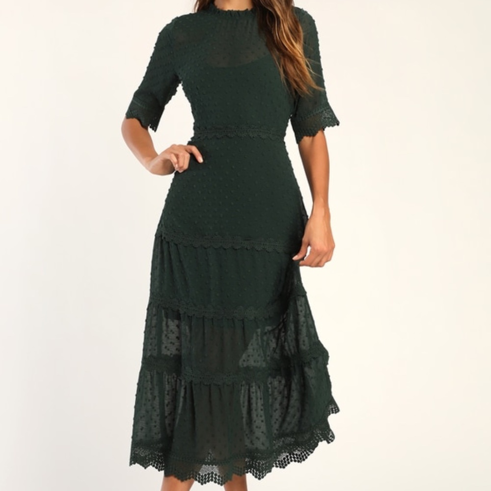 NWT Lulus Dreaming Of You Emerald Green Swiss Dot Midi Dress - Size S